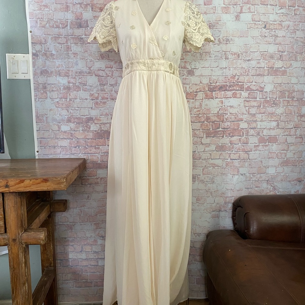 Champagne & Lace Ivory Maxi Dress with Embroidered Bodice